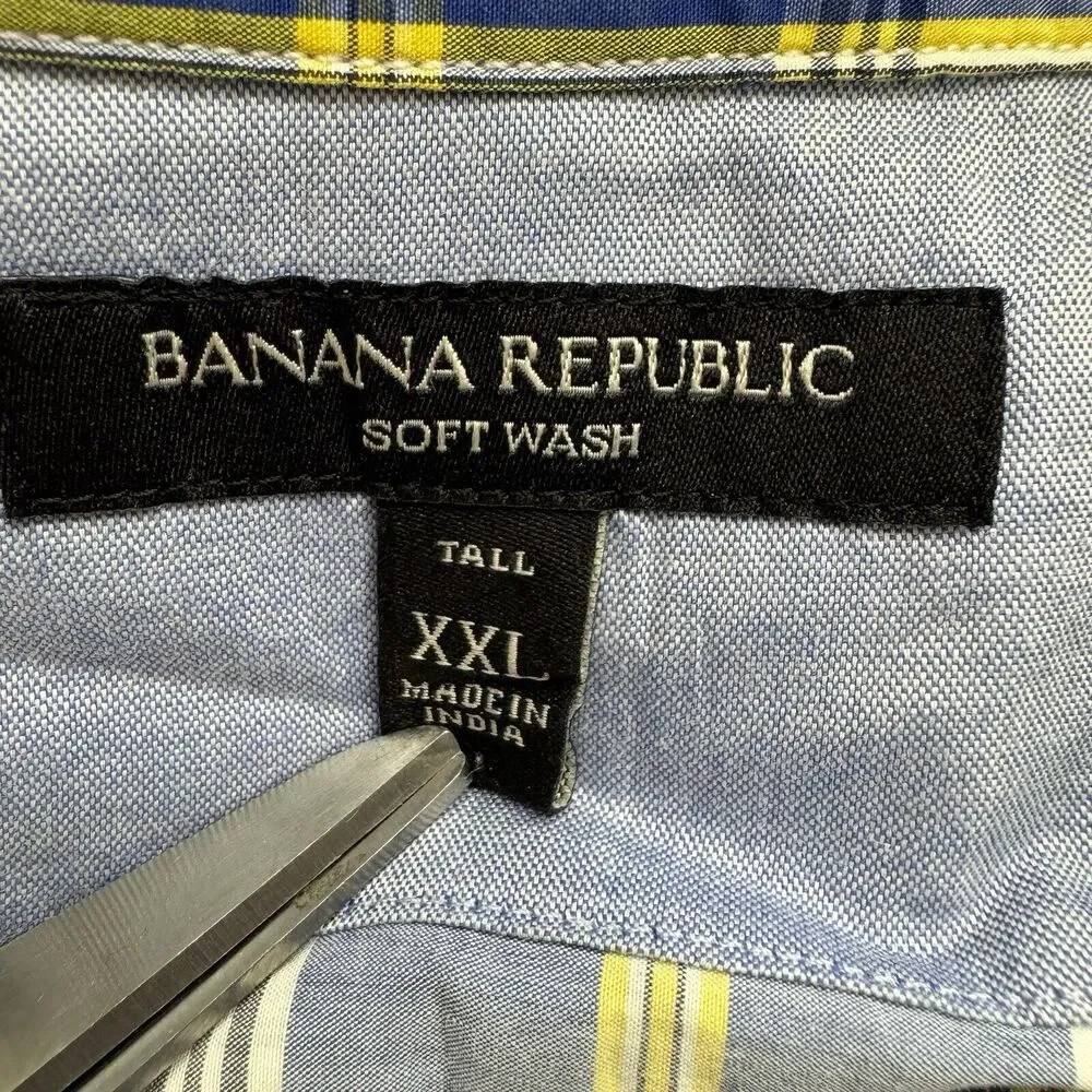 Banana Republic Soft Wash Shirt Men XXL Tall Plaid LS‎ Button Up Blue Plaid